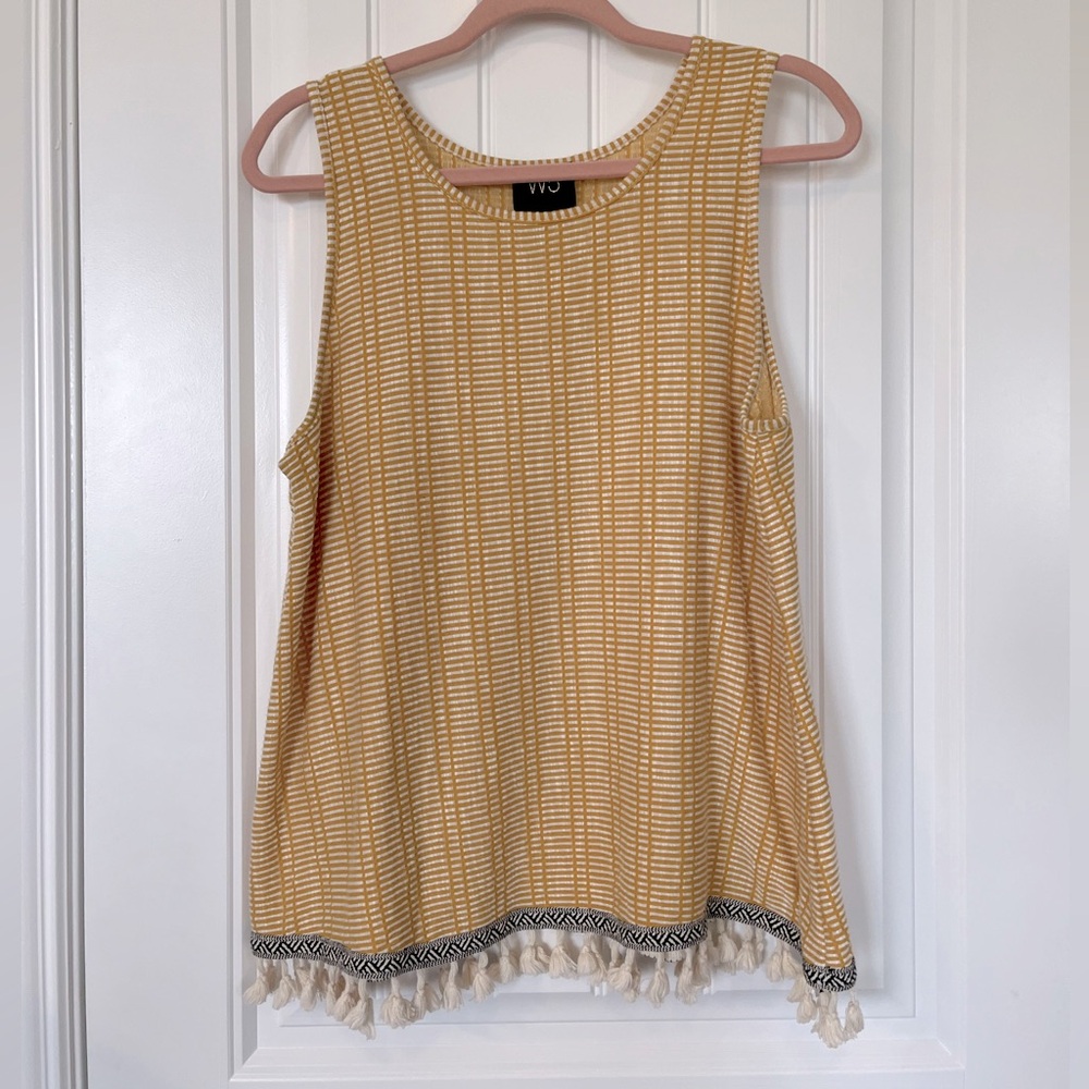 W5 Anthropologie Tassel Tank Top Womens Size L Yellow Stripe Woven Stretch